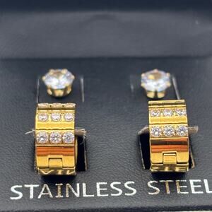 SteelTime Men’s Stainless Steel Earring Set – Gold Huggies + CZ Studs